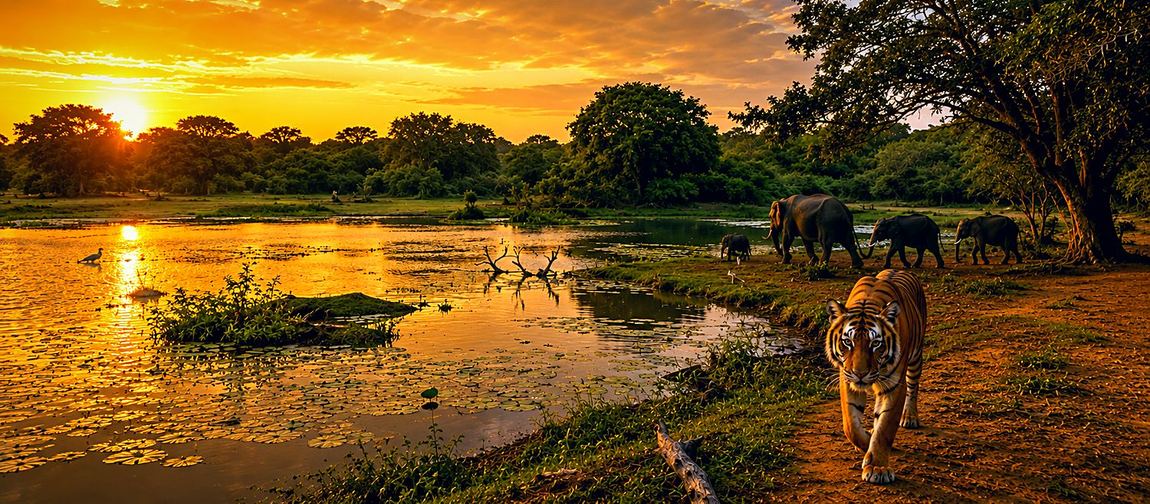 Kumana National Park wetlands at golden hour